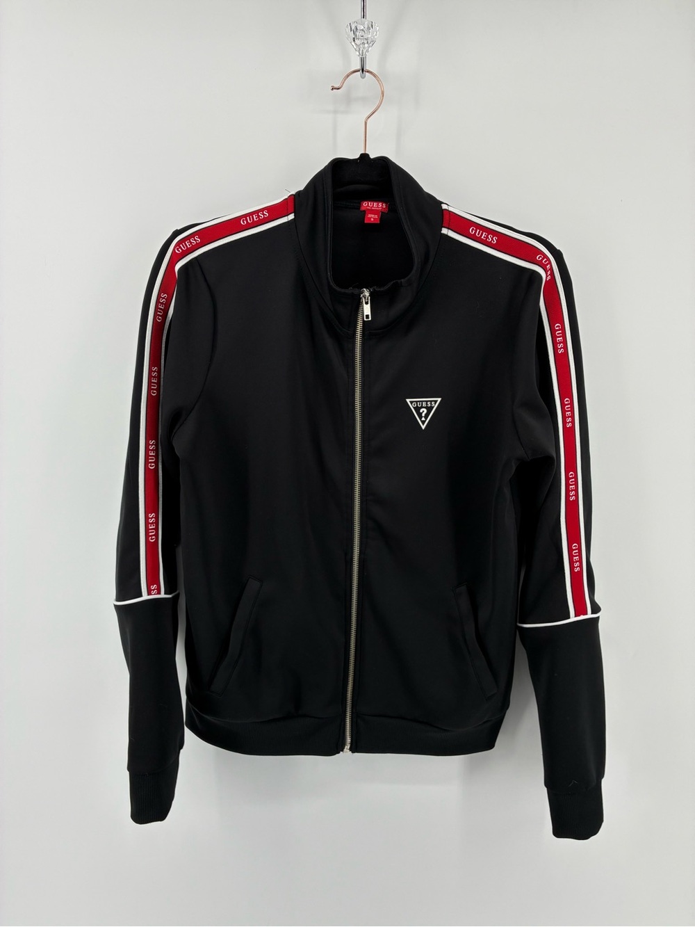 Guess Black Track Jacket with Red & White Stripe Accents
